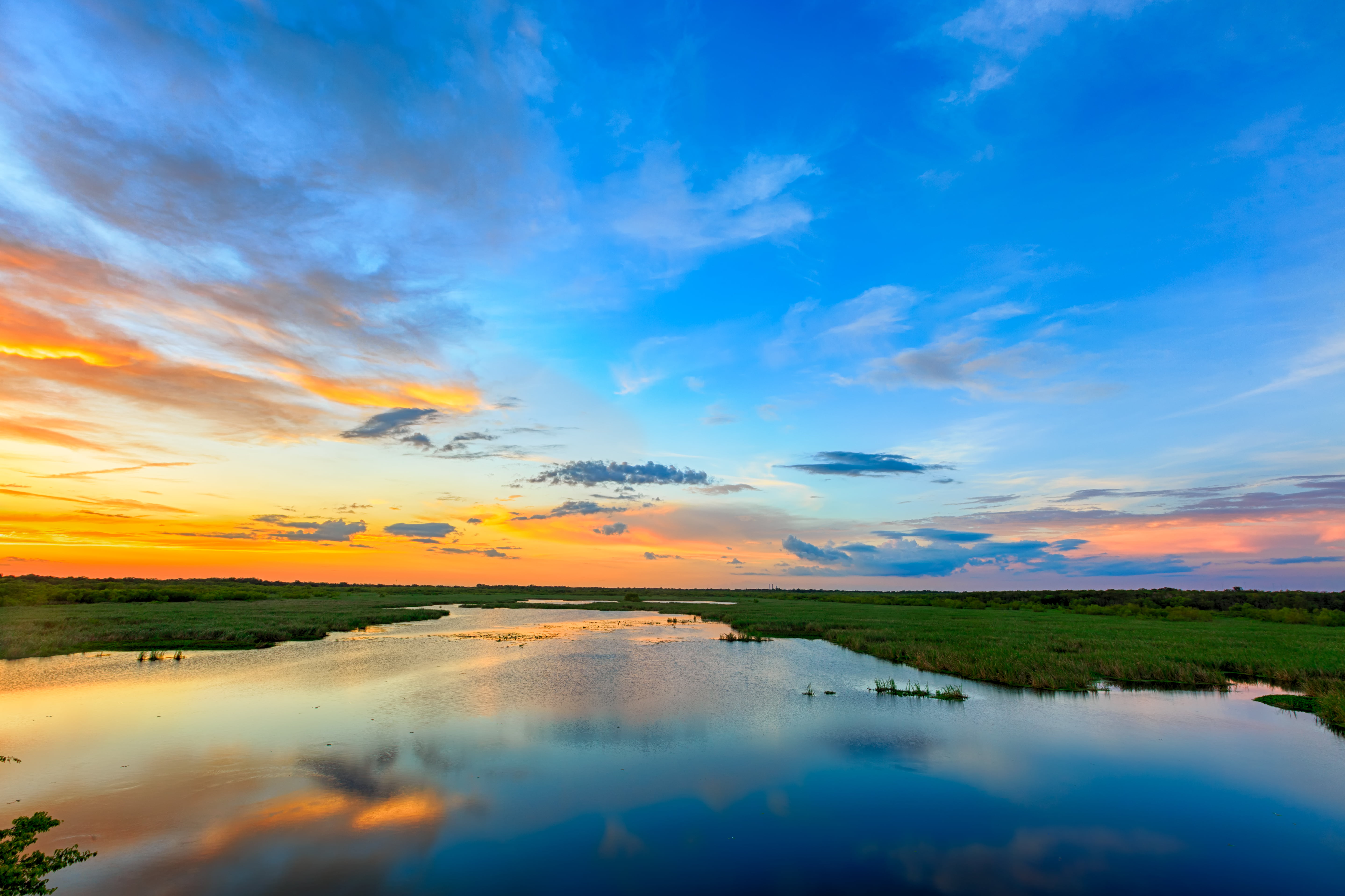 Green grass field near body of water under the clear blue sky HD