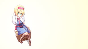 female anime character wearing white and blue midi dress sitting on cardboard HD wallpaper