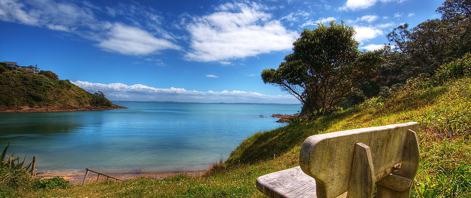 brown wooden bench, sea, bench, sky, nature HD wallpaper