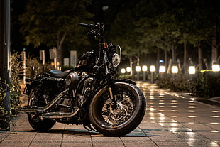 black standard motorcycle, Heavy bike, Harley-Davidson, Harley Davidson, lights