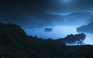 body of water, Moonlight, Forest, Hills
