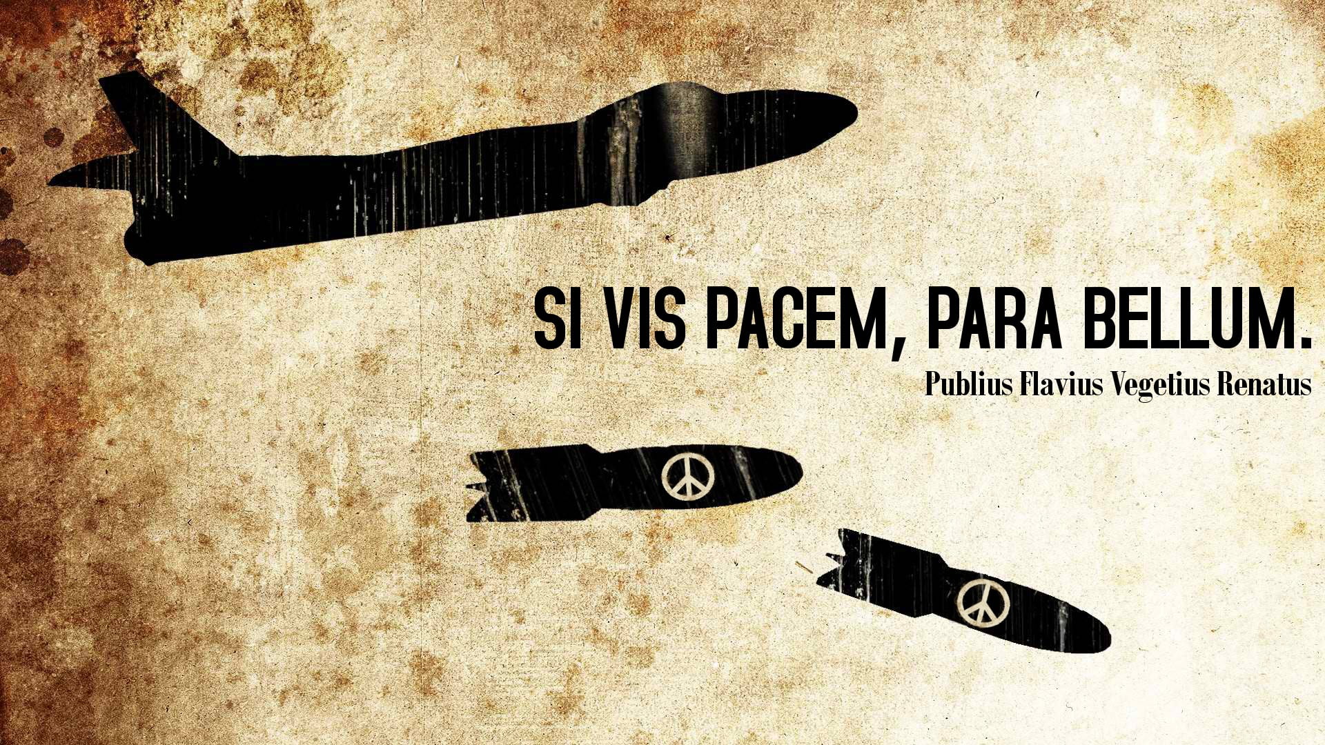 brown background with six vis pacem text overlay, quote, Latin, aircraft, bombs