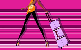 woman with purple luggage illustration HD wallpaper