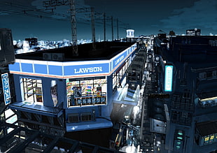 blue Lawson building wallpaper, night, city, anime