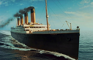 white and black cargo ship, ship, Titanic, movies