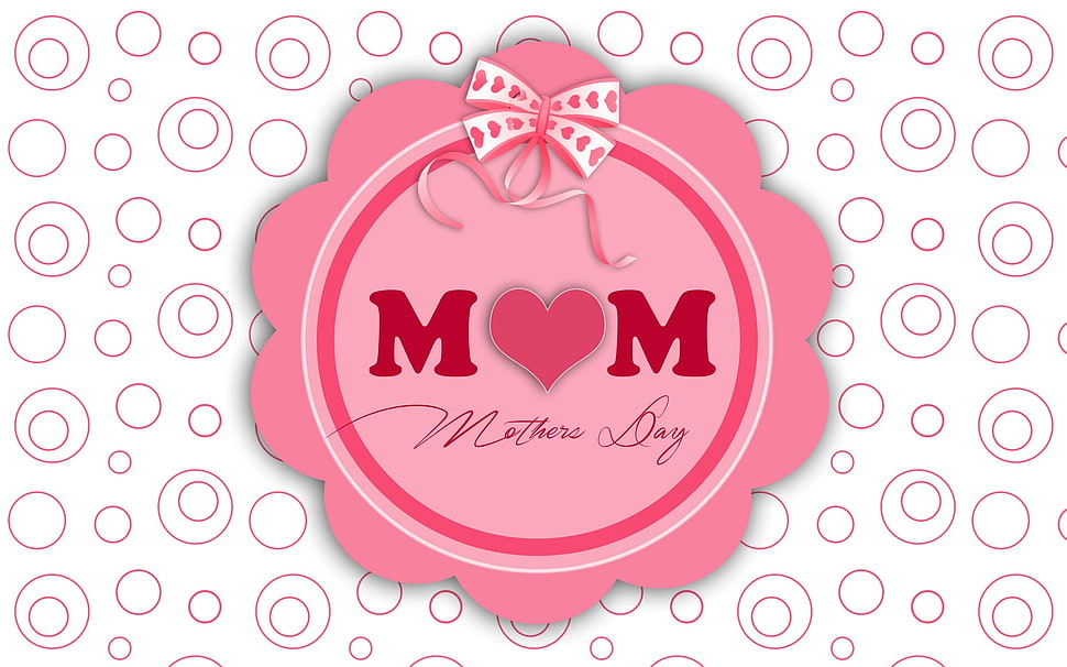 pink and white background with Mothers Day text overlay, holiday, circle, ribbon, heart HD wallpaper