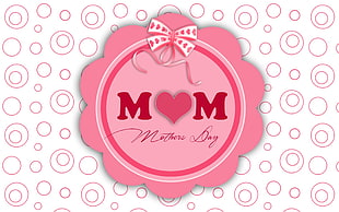 pink and white background with Mothers Day text overlay, holiday, circle, ribbon, heart