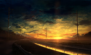 gray utility poles, sunset, road, anime, utility pole HD wallpaper