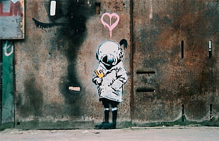 toddler's white coat painting, graffiti, Banksy
