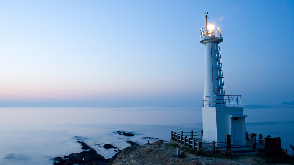 white lighthouse, landscape, nature, lighthouse, sea HD wallpaper