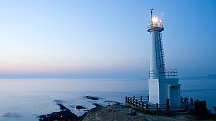 white lighthouse, landscape, nature, lighthouse, sea