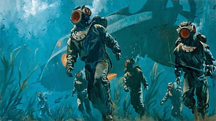 divers illustration, digital art, illustration, 20000 Leagues Under the Sea, Jules Verne HD wallpaper