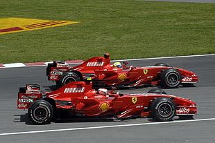 two red racing cars, Formula 1, ferrari formula 1, racing, race cars HD wallpaper