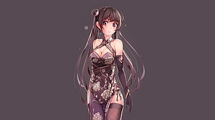 black haired female anime character, original characters, Chinese dress, cleavage, fishnets
