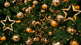 green and gold-colored Christmas tree HD wallpaper