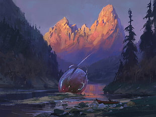 body of water surround by mountains painting, nature, landscape, digital art, sunset