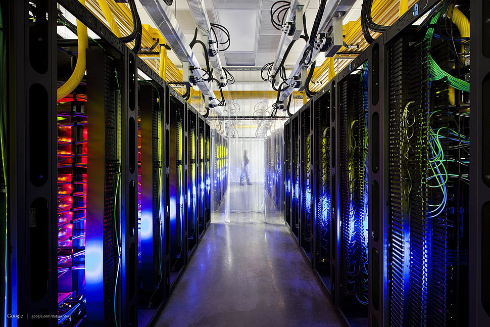 electronic device room, Google, datacenter, server, network HD wallpaper