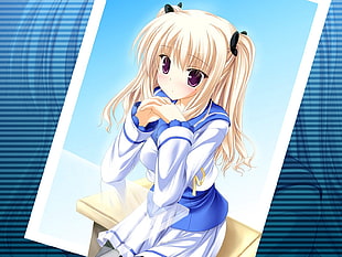 female anime character wearing blue and white uniform postr