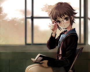 anime girl character wearing eyeglasses digital wallpaper