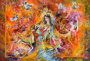 Fairy holding deer painting, Miniature Painting, painting, Persian Art, Mahmoud Farshchian