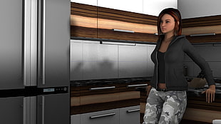 woman stands in front of kitchen illustration