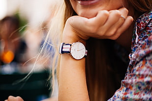 women's wearing round silver analog watch and multicolored shirt HD wallpaper