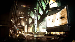 brown wooden framed glass top table, cyberpunk, Deus Ex: Human Revolution, concept art