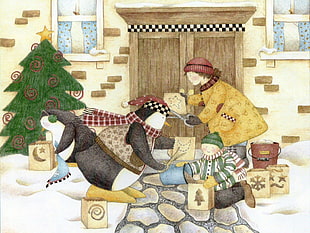 girl and penguin standing near Christmas Tree wallpaper