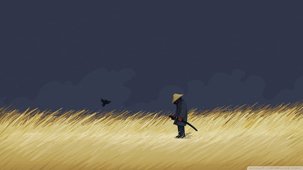 warrior standing center of brown grass illustration, landscape, samurai, grass, artwork HD wallpaper