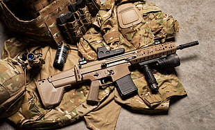 brown and black airsoft rifle set HD wallpaper