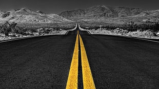 selective color of concrete road surrounded mountain HD wallpaper