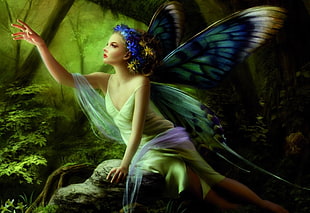 photography of female fairy on forest painting