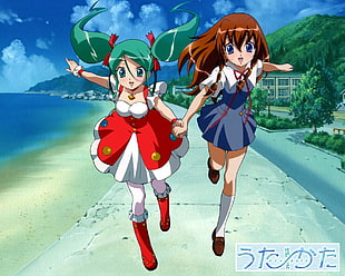 two female anime characters running in between body of water and trees