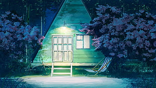 house and trees illustration, bicycle, hammocks, trees, triangle