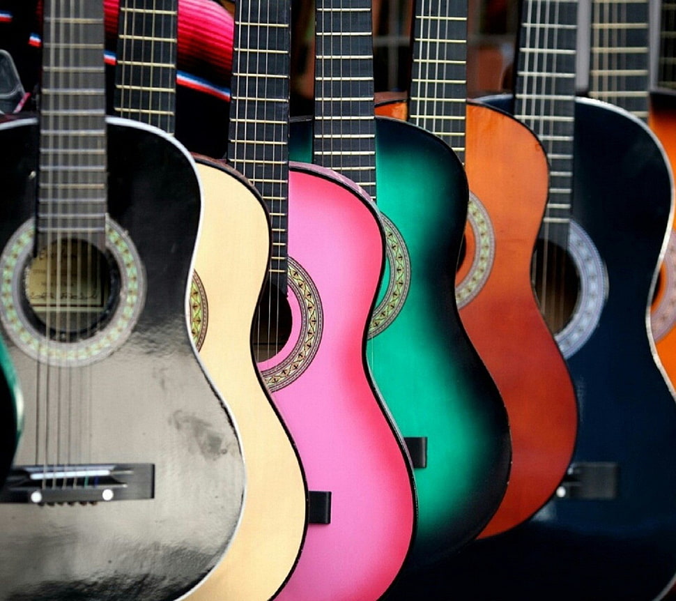 two red and one black acoustic guitars, guitar HD wallpaper