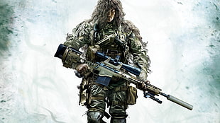 Sniper in camouflage holding sniper rifle