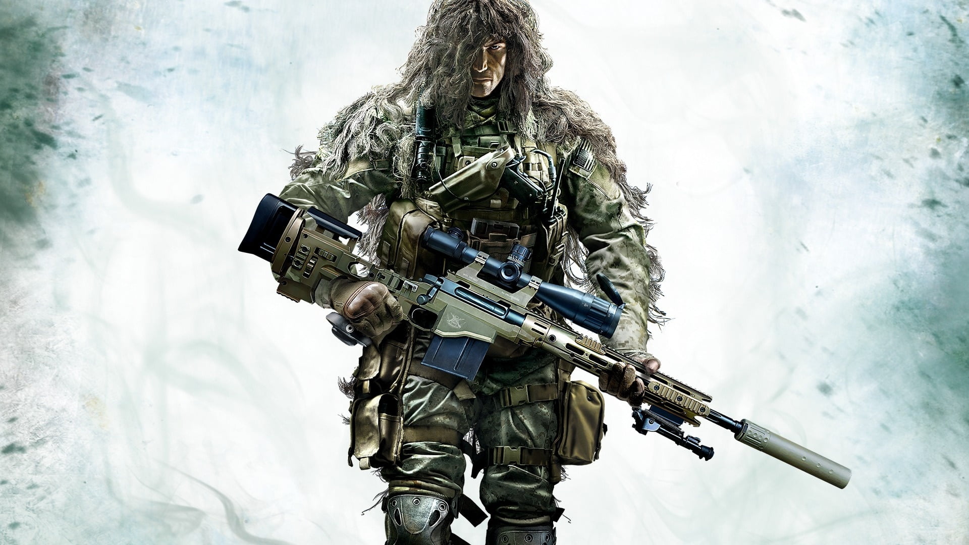 Sniper in camouflage holding sniper rifle