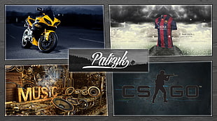yellow sports bike, CSGO logo, red and black jersey shirt, and music artwork collage, motorcycle, Counter-Strike: Global Offensive, music, FC Barcelona HD wallpaper