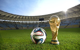 gold soccer trophy, FIFA World Cup, Brazil, stadium, soccer HD wallpaper
