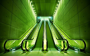 green LED escalator, cityscape, escalator