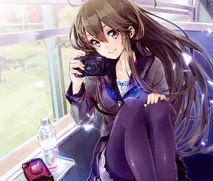 female anime character holding camera digital wallpaper