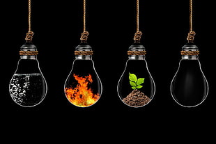 water, fire, earth, and wind elements contained in rope light bulbs HD wallpaper