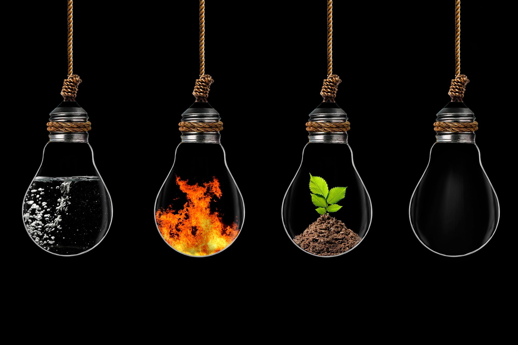 water, fire, earth, and wind elements contained in rope light bulbs