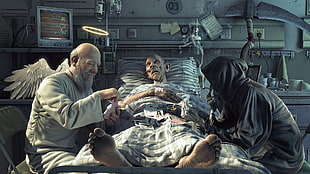 hospital patient between angel and reaper playing cards illustration