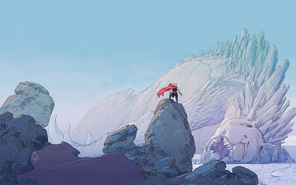 man standing on cliff artwork, Thor, comics, cartoon HD wallpaper