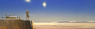 soldier on top of mountain illustration, Tatooine, desert, artwork, dual monitors