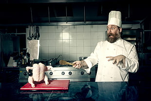 men's white chef uniform, humor, men, kitchen, chickens