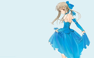 photography of female anime character wearing blue dress