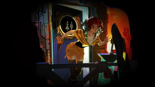 female character in yellow and black dress poster, Transistor, Red (Transistor) HD wallpaper