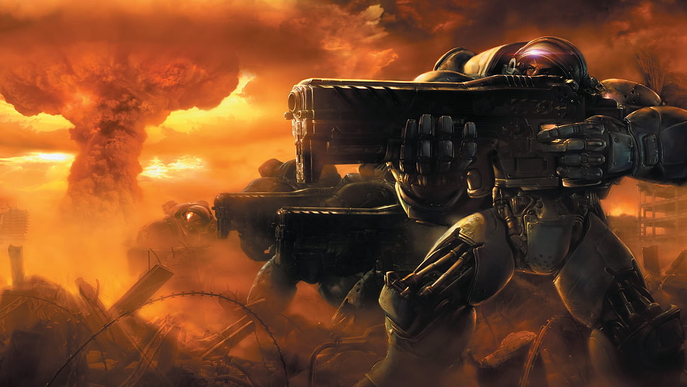 robot holding rifle digital wallpaper, war, StarCraft HD wallpaper